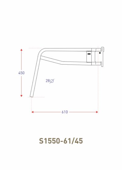 S1550-61 45 - Ashtree Vision and Safety Mirrors and safety equipment for trucks and commercial vehicles Technical drawing of a curved tubular arm with mounting bracket, showing overall length 610 mm, vertical reach 450 mm, and Ø28 mm diameter (model S1550-61/45).